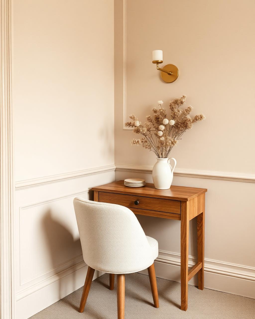 Canto do atelier com mesa de madeira clara e flores secas