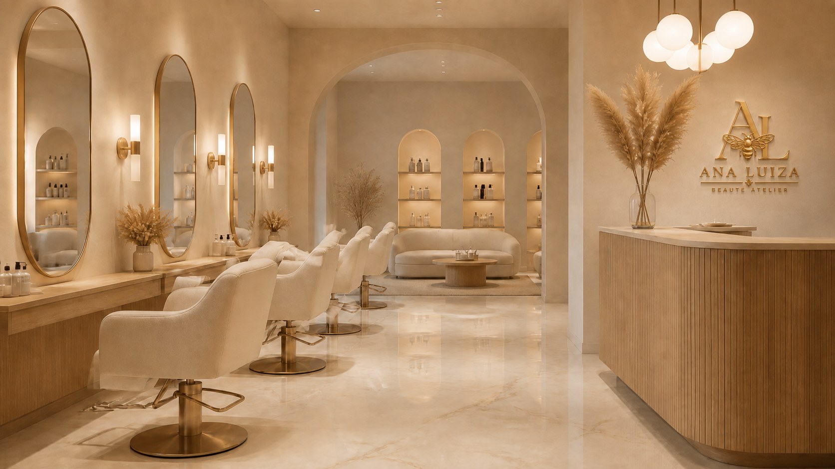Interior do Ana Luiza Beauté Atelier em tons bege e dourado